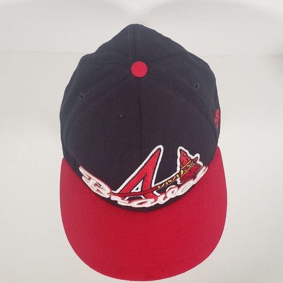 New Era MLB Atlanta Braves Fitted Baseball Tomahawk Hat Cap 7 3/8 Wool Navy Red - Picture 7 of 13